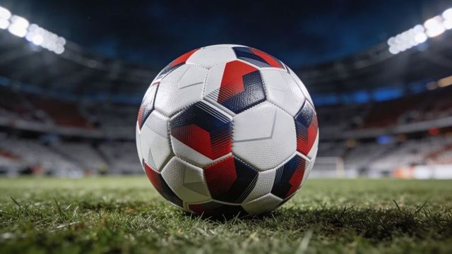 Closeup soccer ball with red navy pattern resting on stadium grass under floodlights