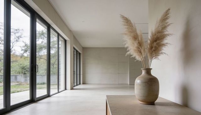 Minimalist interior with glazed ceramic vase and pampas grass by sliding glass doors