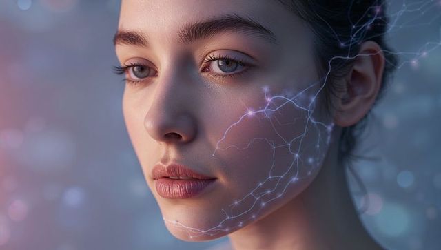 Closeup female face revealing neural light overlay, futuristic ai augmentation and digital circuitry