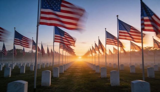 Sunrise over military cemetery with american flags waving in morning mist, rows of headstones