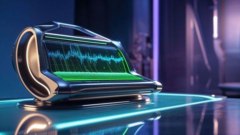 Futuristic device displaying neon green waveform in cyber lab, seismograph concept