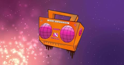 Surreal cosmic orange boombox with neon pink speakers