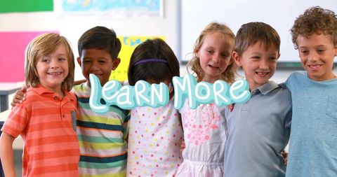 Smiling diverse elementary students linking arms in classroom with learn more graphic