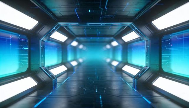 Futuristic Hexagonal Corridor Receding into Cyan Fog with Neon Circuitry Lighting