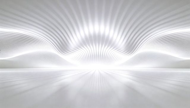 White wave ceiling flowing into glossy reflective floor, sculptural ribbed geometry