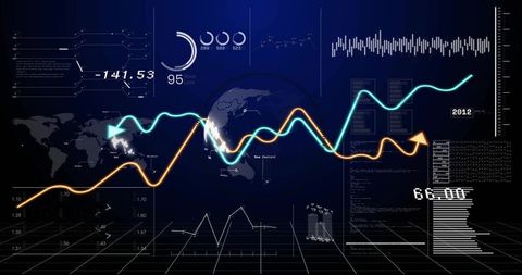 Futuristic holographic financial dashboard with neon line charts crossing global map