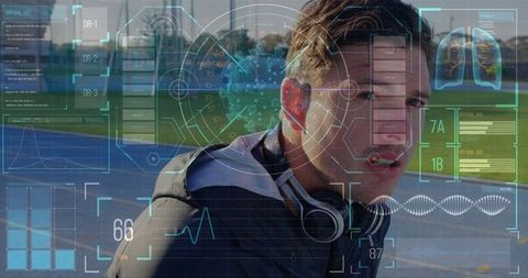 Technological Health Interface on Caucasian Athlete Outdoors