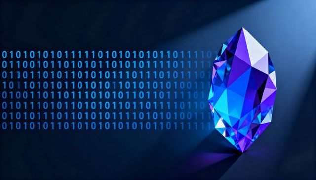 Shining Blue-Violet Crystal Symbolizing Digital Data, Encryption and AI Technology