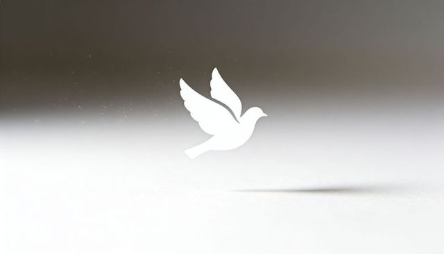 White dove silhouette floating over minimal gradient with soft shadow and particles