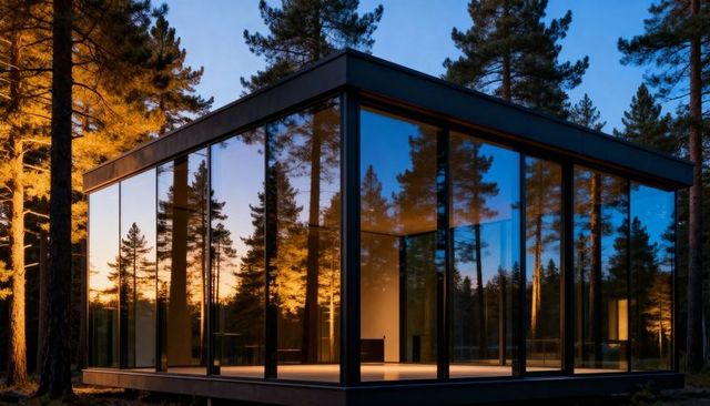 Glass pavilion glowing at dusk in pine forest reflecting warm light minimalist retreat
