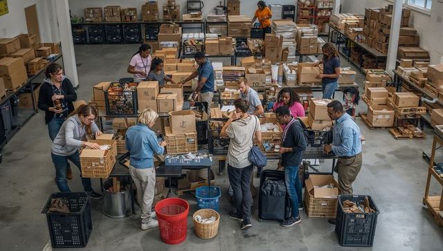 Volunteers sorting and packing donations at busy warehouse distribution center campaigns