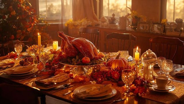 Warm Candlelit Thanksgiving Table Featuring Roasted Turkey and Autumn Centerpiece