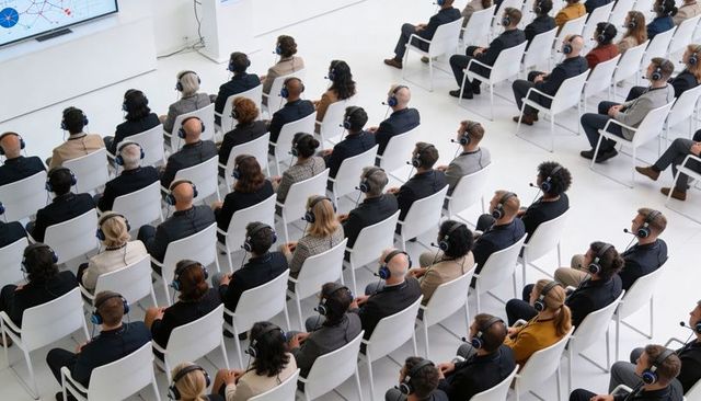 Corporate audience wearing headsets and listening to presentation in modern auditorium