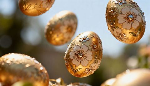 Golden floral ornate eggs hanging in sunlit garden with crystal accents, reflective bokeh