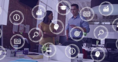 Digital Business Icons in Modern Office Environment