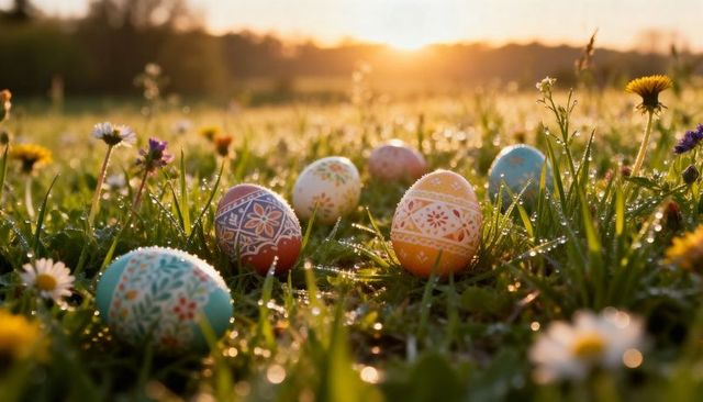 Glistening handpainted easter eggs resting in dewy meadow at sunrise with daisies
