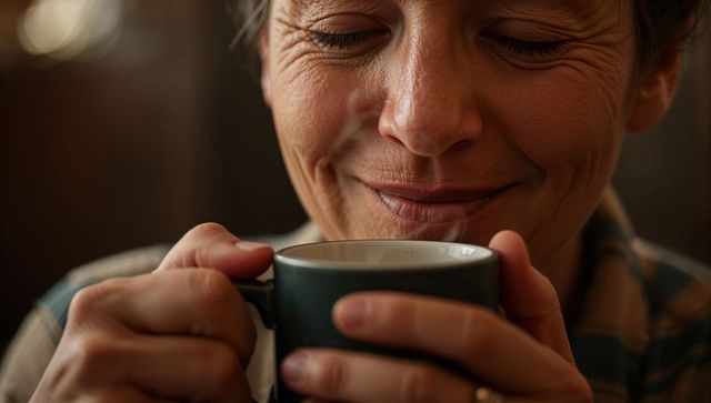 Middle-aged woman savoring steaming cup of tea, cradling dark green mug, cozy quiet moment