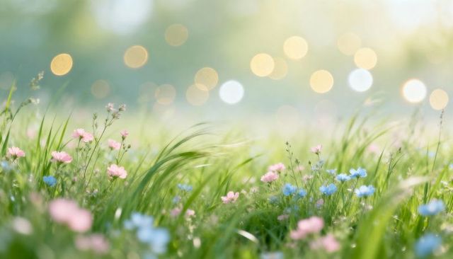Sunlit meadow blooming with pink and blue wildflowers, grass and glowing bokeh lights