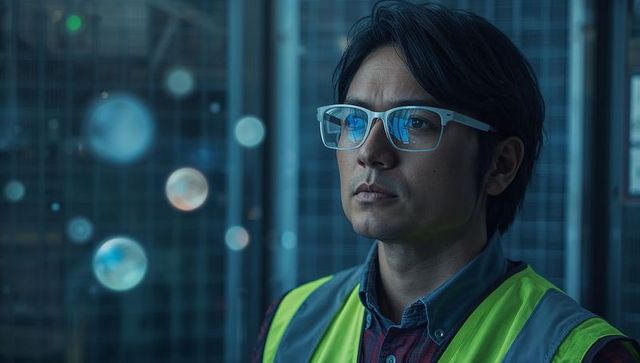 Asian warehouse technician wearing hi-vis vest and clear glasses, high-tech night portrait