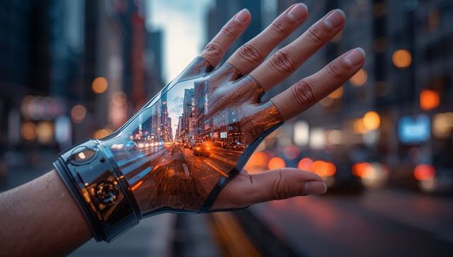 Futuristic transparent glove revealing cityscape reflection on hand at urban dusk