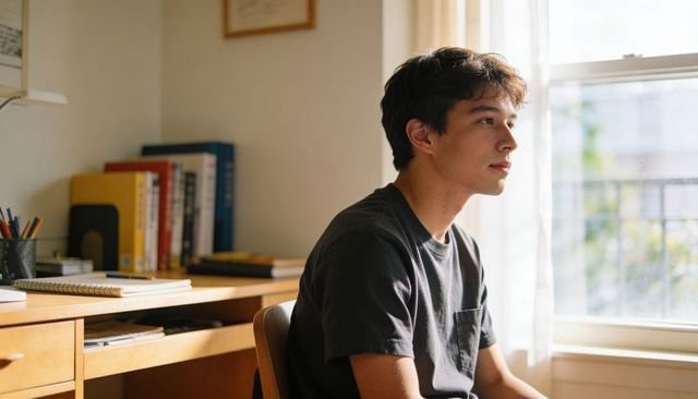 Young man gazing out sunlit window while studying at home desk, calm focus