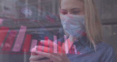 Woman with face mask using smartphone amid financial charts overlay