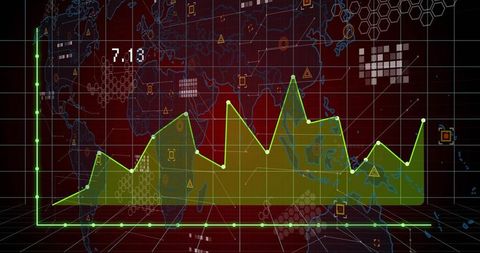Displaying neon holographic area chart on 3d grid hud dashboard for analytics
