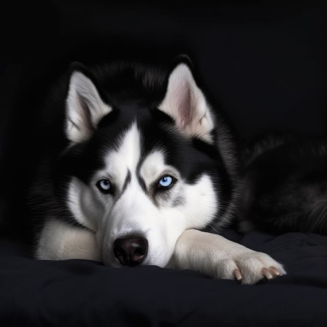 Siberian Husky with striking blue eyes looks intently at the camera while laying on a dark background. Ideal for use in pet-related advertisements, animal adoption campaigns, and educational materials about this specific breed.