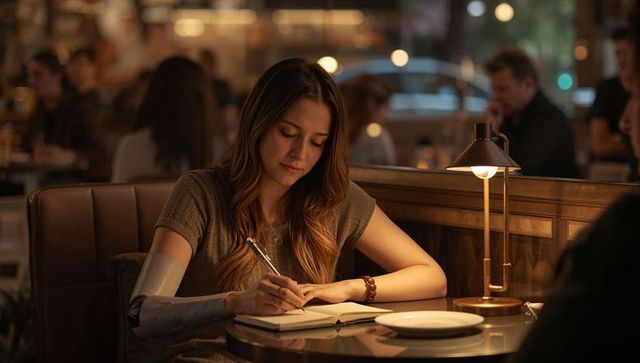 Woman with prosthetic forearm journaling in cozy evening cafe booth under brass lamp