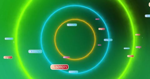 Colorful rings and media icons on digital interface background