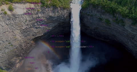 Digital Code Over Waterfall Symbolizing Data Processing