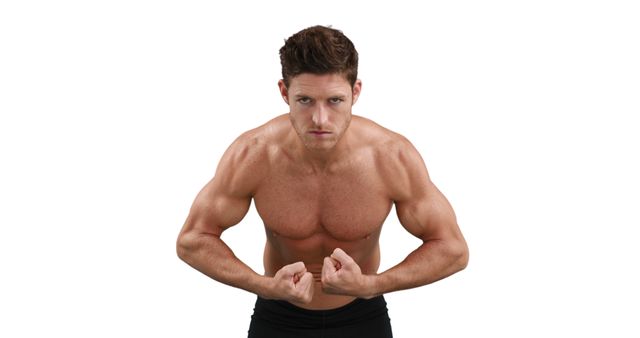 Image of a muscular man flexing his arms showcasing defined abs and biceps. Could be used for promoting fitness programs, gym memberships, bodybuilding competitions, or health and wellness products.