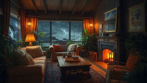 Glowing fireplace warming rustic lakeside cabin living room during stormy night