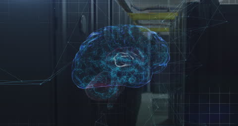 Digital Brain Overlaid on Server Room Represents AI Concept