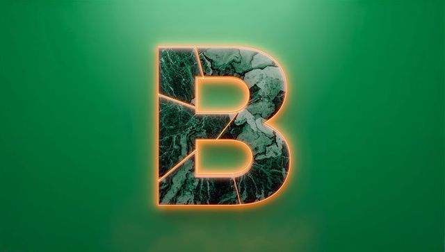 Marble textured neon outlined letter b on green gradient