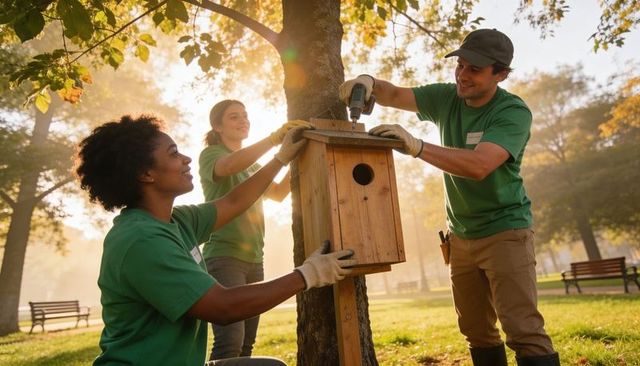 Volunteers mounting wooden birdhouse on park tree at golden hour