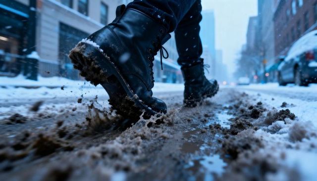 Black leather combat boots kicking through slushy city puddle, urban winter motion