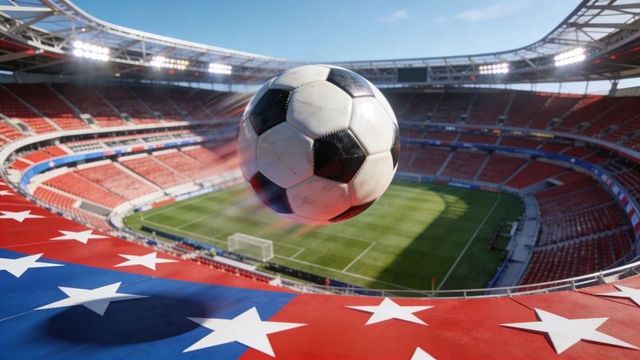 Soaring soccer ball flying toward viewer over star-spangled stadium railing, dynamic closeup