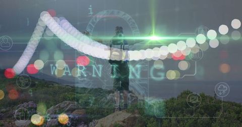 Mature Hiker Overlooking Coastal Ridge with Digital Security Overlay