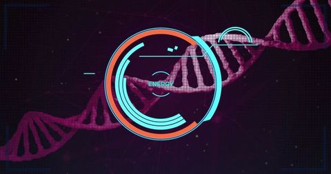 Futuristic dna helix with hud energy interface and data visualization overlay