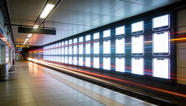 Passing Train Streaking Past Digital Smartphone Billboard Wall Underground Metro Platform