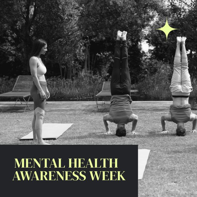 Instructor observing two men performing headstands on yoga mats in a park during Mental Health Awareness Week. Image highlights a focus on physical fitness and mental wellness, making it suitable for promoting mental health events, outdoor fitness classes, yoga programs, or wellness blogs and articles.