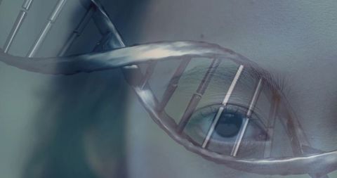 Futuristic genomic vision showing asian female eye with metallic 3d dna helix overlay
