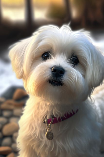 White maltease dog with collar on blurred background created using generative ai technology. Pets, animals and nature concept digitally generated image.