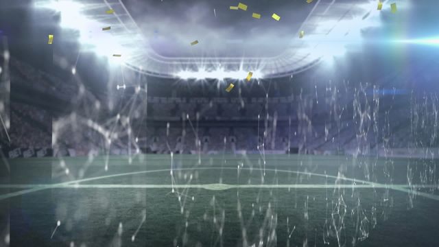 Football stadium illuminated at night with rain and confetti falling, creating an atmosphere of celebration and excitement. Ideal for sports events promotions, football-related advertisements, and illustrating themes of competition and achievements.