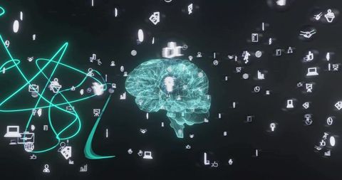 Teal Wireframe Brain Glowing in Virtual Network with Floating Data Icons and Neon Trails