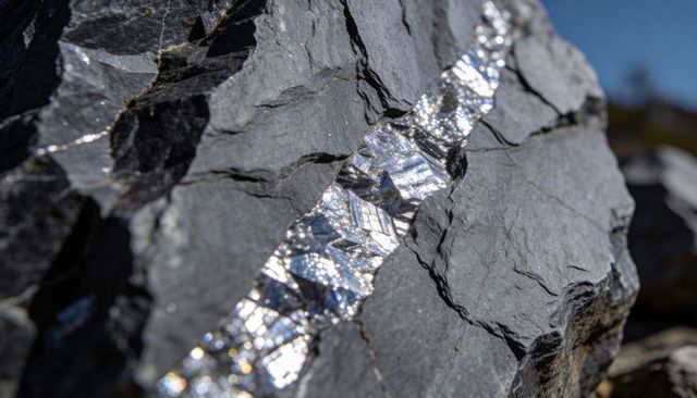 Glinting metallic vein cutting fractured dark gray shale macro with sparkling silver facets