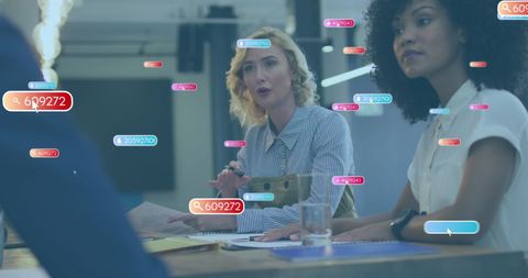 Business Meeting with Floating Social Media Technology Imagery