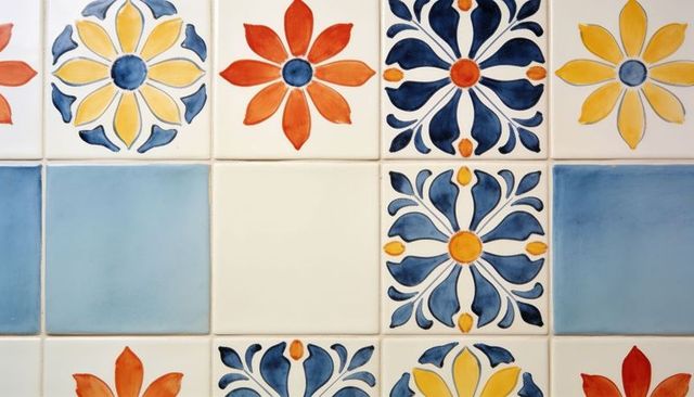 Hand-painted mediterranean ceramic tiles featuring colorful floral rosette pattern and visible grout