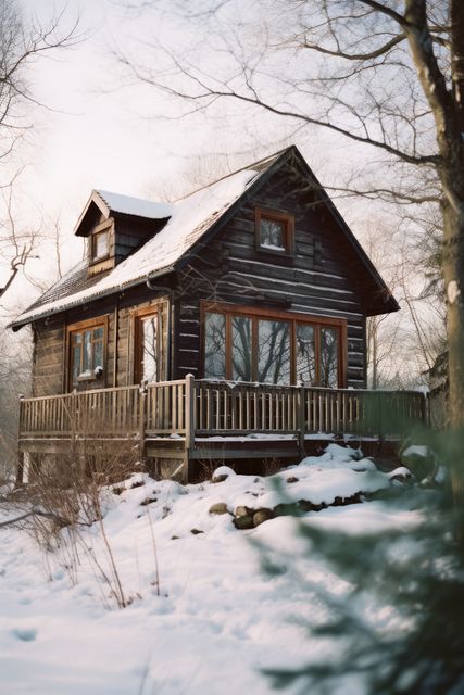 Rustic wooden cabin covered in snow set in quiet winter forest. Perfect for themes related to winter retreats, nature getaways, outdoor adventures, serene environments, escape from city life, holiday postcards, or cozy living.